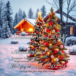 A festive Christmas greeting card for 2024, featuring a snowy winter landscape with a beautifully decorated Christmas tree in the foreground