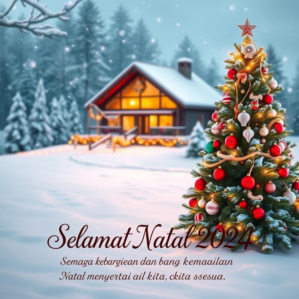 A festive Christmas greeting card for 2024, featuring a snowy winter landscape with a beautifully decorated Christmas tree in the foreground