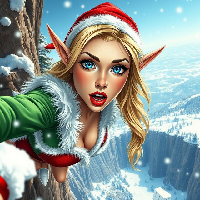 A sexy blonde Christmas elf woman with striking blue eyes and bright red lips, depicted mid-fall from a cliff, her expression showing fear and surprise