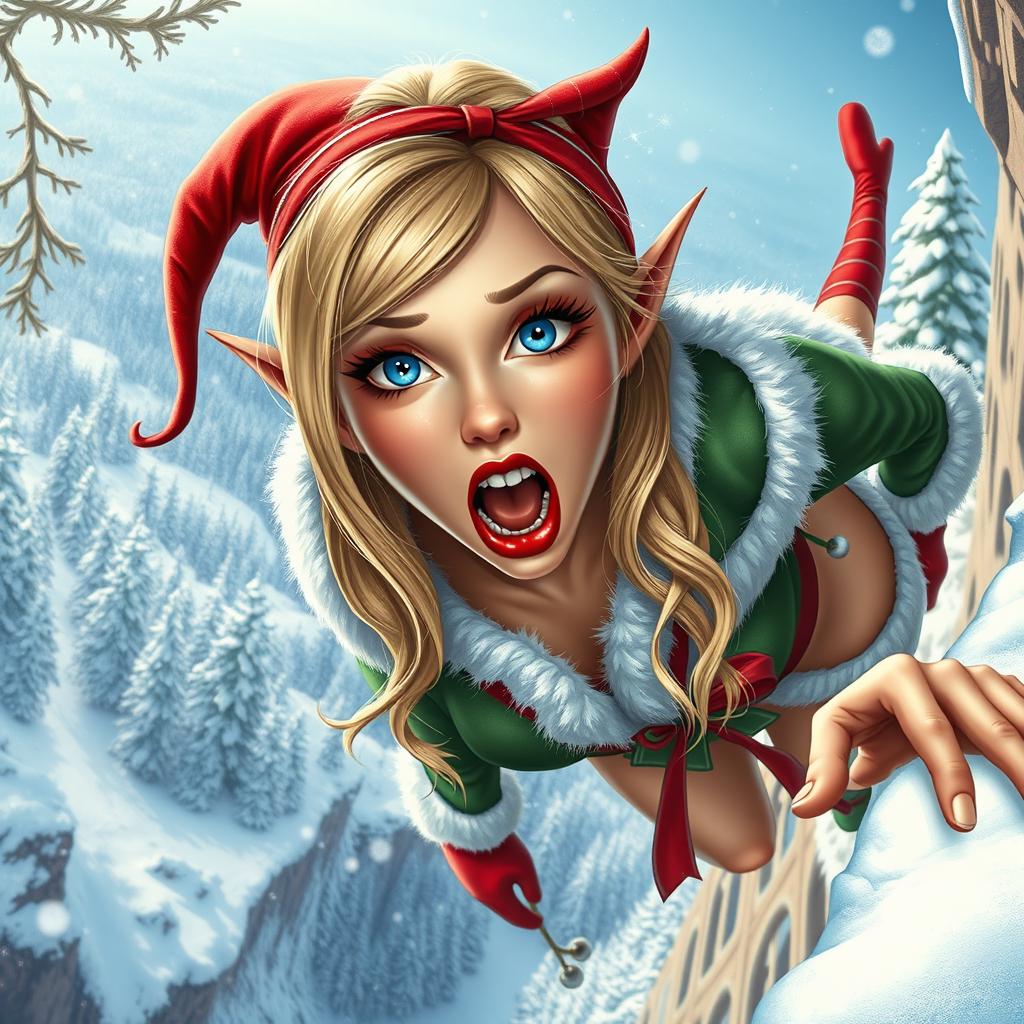 A sexy blonde Christmas elf woman with striking blue eyes and bright red lips, depicted mid-fall from a cliff, her expression showing fear and surprise