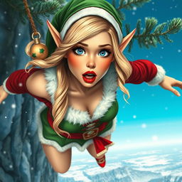 A sexy blonde Christmas elf woman with striking blue eyes and bright red lips, depicted mid-fall from a cliff, her expression showing fear and surprise