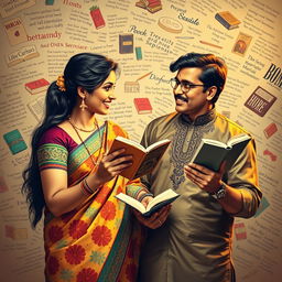 A couple deeply engaged in a passionate discussion about literature, surrounded by a whimsical world of words floating around them
