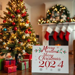 A beautiful Christmas scene featuring a decorated Christmas tree with twinkling lights, colorful ornaments, and presents underneath