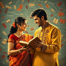 A couple deeply engaged in a passionate discussion about literature, surrounded by a whimsical world of words floating around them