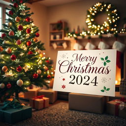 A beautiful Christmas scene featuring a decorated Christmas tree with twinkling lights, colorful ornaments, and presents underneath
