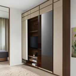 A large, contemporary wall-to-wall TV unit partnered with a wardrobe on the left side featuring a mirror. The lower part of the TV unit is populated with a variety of covered shelves and drawers for ample storage.