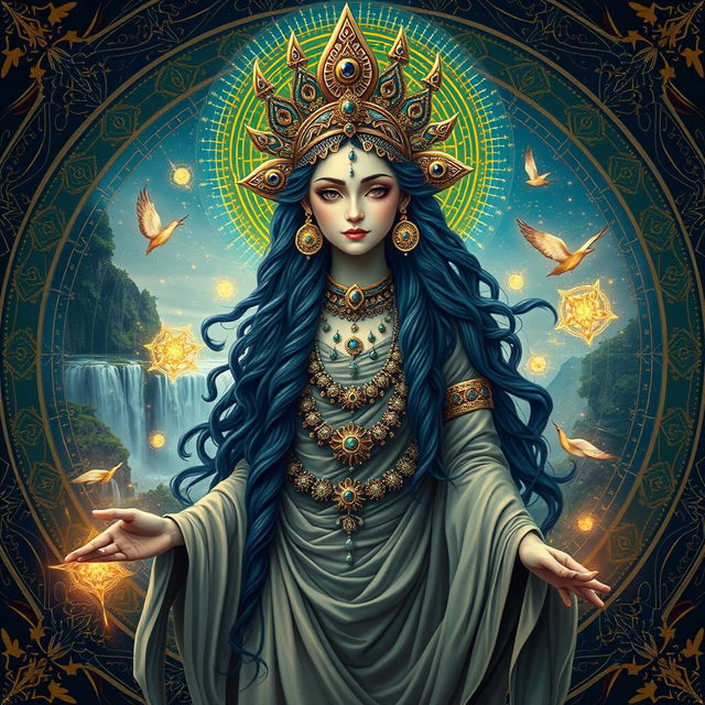 A beautiful and mystical depiction of Anahita, an ancient Persian goddess, adorned with intricate jewelry and wearing a flowing gown