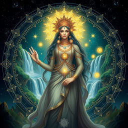 A beautiful and mystical depiction of Anahita, an ancient Persian goddess, adorned with intricate jewelry and wearing a flowing gown