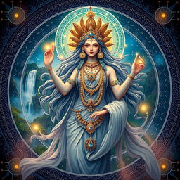 A beautiful and mystical depiction of Anahita, an ancient Persian goddess, adorned with intricate jewelry and wearing a flowing gown