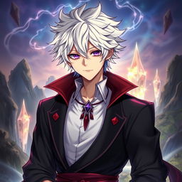 A light novel cover featuring a male character with shaggy white hair and gleaming amethyst eyes