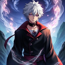 A light novel cover featuring a male character with shaggy white hair and gleaming amethyst eyes