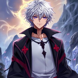 A light novel cover featuring a male character with shaggy white hair and gleaming amethyst eyes