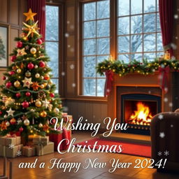 A beautiful Christmas scene depicting a cozy, warmly decorated living room with a glowing fireplace