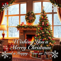 A beautiful Christmas scene depicting a cozy, warmly decorated living room with a glowing fireplace