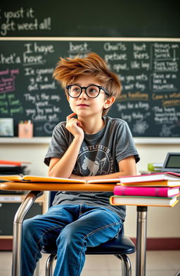 A young, quirky teenager with messy hair wearing glasses, looking contemplative while sitting at a school desk surrounded by colorful notebooks and a gaming console