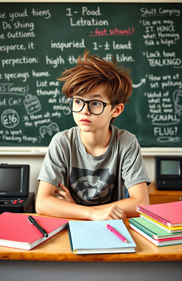 A young, quirky teenager with messy hair wearing glasses, looking contemplative while sitting at a school desk surrounded by colorful notebooks and a gaming console