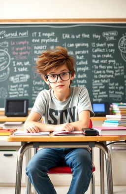 A young, quirky teenager with messy hair wearing glasses, looking contemplative while sitting at a school desk surrounded by colorful notebooks and a gaming console
