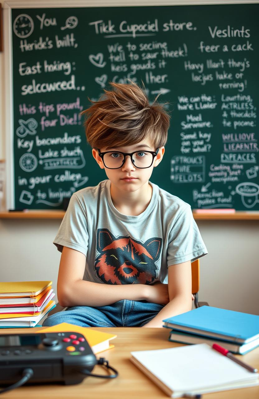 A young, quirky teenager with messy hair wearing glasses, looking contemplative while sitting at a school desk surrounded by colorful notebooks and a gaming console