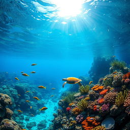 A pristine non-polluted marine environment showcasing vibrant coral reefs teeming with diverse marine life