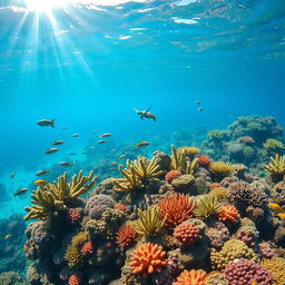 A pristine non-polluted marine environment showcasing vibrant coral reefs teeming with diverse marine life