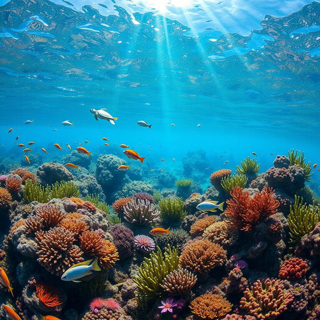 A pristine non-polluted marine environment showcasing vibrant coral reefs teeming with diverse marine life