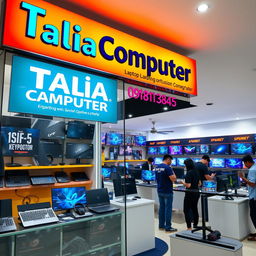 A vibrant and inviting photo of a laptop and computer store named 'Talia Computer'