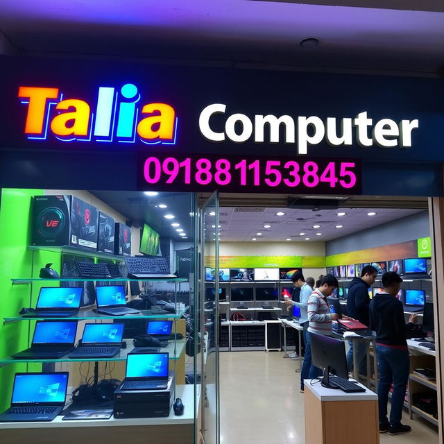 A vibrant and inviting photo of a laptop and computer store named 'Talia Computer'