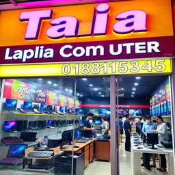 A vibrant and inviting photo of a laptop and computer store named 'Talia Computer'