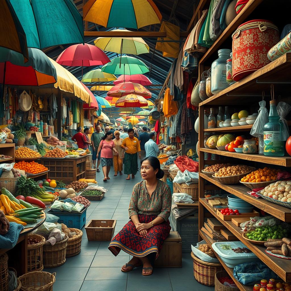 A traditional market scene in 1990s East Java, showcasing a woman sitting thoughtfully in her quiet and deserted shop