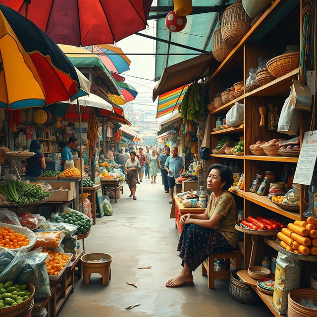 A traditional market scene in 1990s East Java, showcasing a woman sitting thoughtfully in her quiet and deserted shop