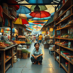 A traditional market scene in 1990s East Java, showcasing a woman sitting thoughtfully in her quiet and deserted shop