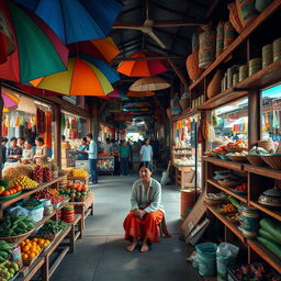A traditional market scene in 1990s East Java, showcasing a woman sitting thoughtfully in her quiet and deserted shop