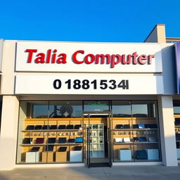 A modern laptop and computer store front, showcasing a variety of laptops and computer accessories displayed neatly in the windows