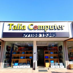A modern laptop and computer store front, showcasing a variety of laptops and computer accessories displayed neatly in the windows