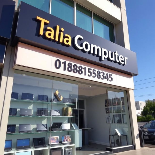 A modern laptop and computer store front, showcasing a variety of laptops and computer accessories displayed neatly in the windows