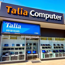 A modern laptop and computer store front, showcasing a variety of laptops and computer accessories displayed neatly in the windows