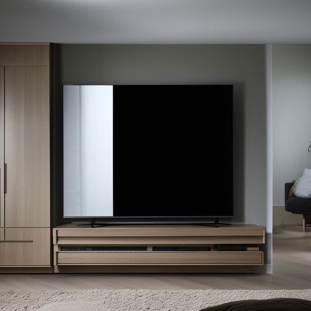 A large, contemporary wall-to-wall TV unit partnered with a wardrobe on the left side featuring a mirror. The lower part of the TV unit is populated with a variety of covered shelves and drawers for ample storage.