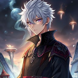 A detailed light novel cover featuring a male character with shaggy white hair and gleaming amethyst eyes