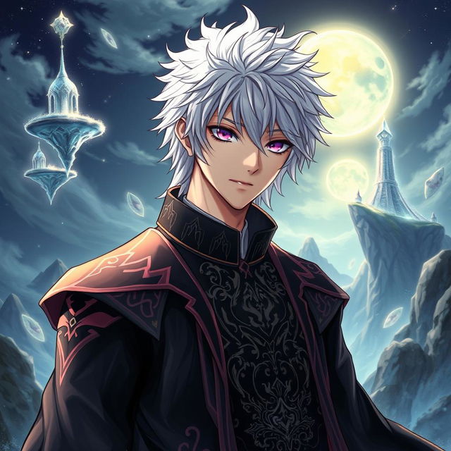 A detailed light novel cover featuring a male character with shaggy white hair and gleaming amethyst eyes