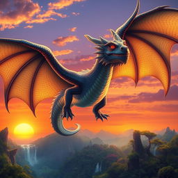 A majestic dragon soaring high above a lush, fantastical landscape, with shimmering scales reflecting sunlight