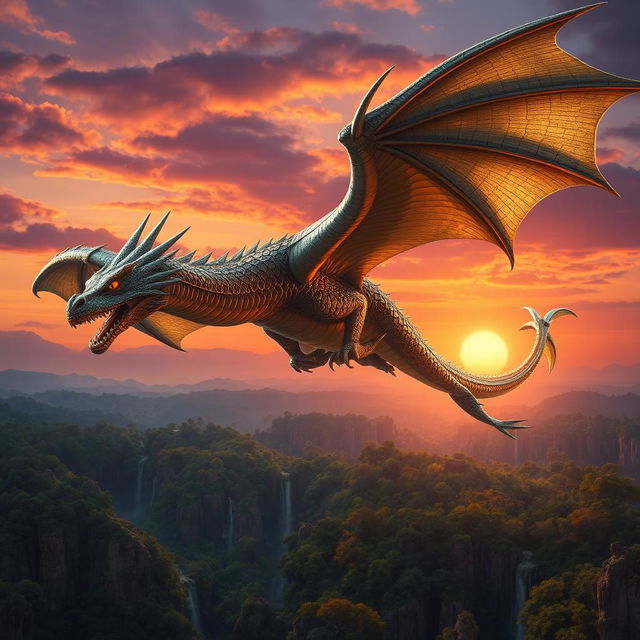 A majestic dragon soaring high above a lush, fantastical landscape, with shimmering scales reflecting sunlight