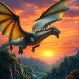 A majestic dragon soaring high above a lush, fantastical landscape, with shimmering scales reflecting sunlight
