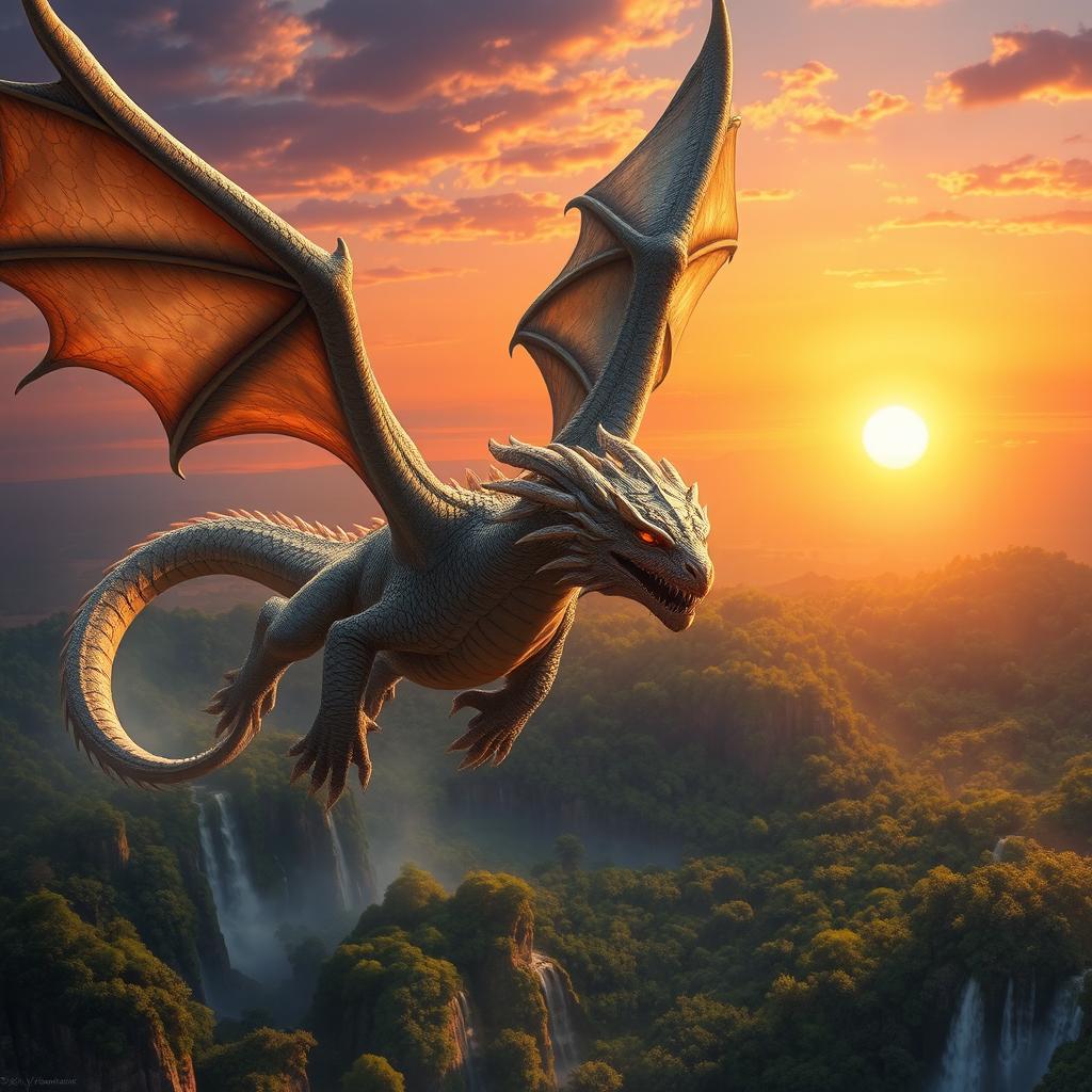 A majestic dragon soaring high above a lush, fantastical landscape, with shimmering scales reflecting sunlight