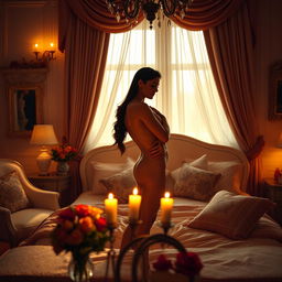 A sensual scene depicting romantic intimacy between two adults in a beautifully decorated bedroom