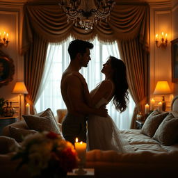 A sensual scene depicting romantic intimacy between two adults in a beautifully decorated bedroom