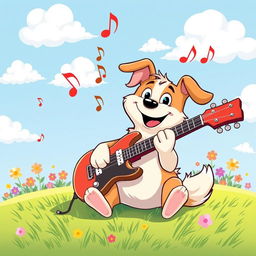 A cartoon-style illustration of a cheerful dog sitting on a grassy field, energetically playing an electric guitar