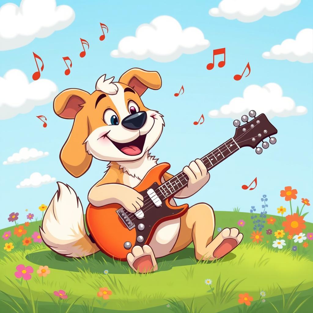 A cartoon-style illustration of a cheerful dog sitting on a grassy field, energetically playing an electric guitar