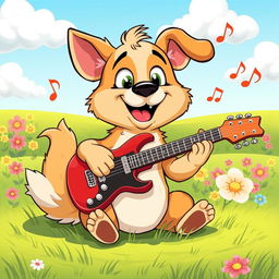 A cartoon-style illustration of a cheerful dog sitting on a grassy field, energetically playing an electric guitar