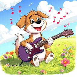 A cartoon-style illustration of a cheerful dog sitting on a grassy field, energetically playing an electric guitar