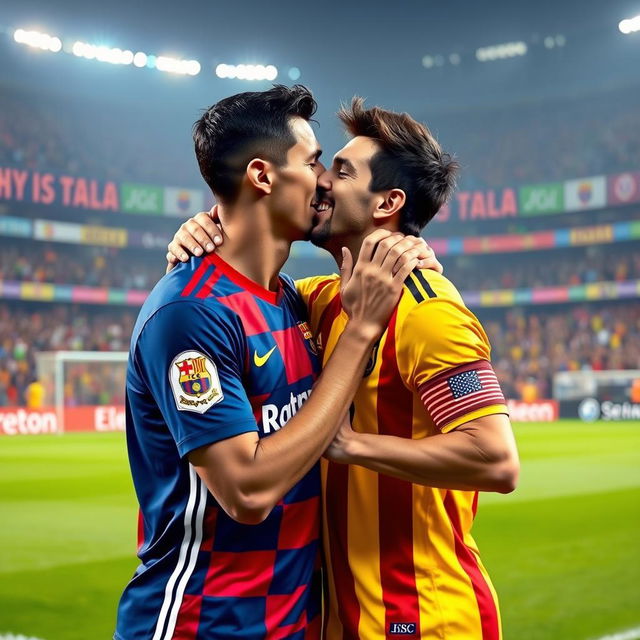 A humorous scene featuring two iconic football players, Ronaldo and Messi, sharing a playful kiss on a vibrant soccer field, surrounded by cheering fans